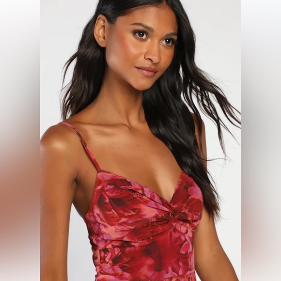 NWT Lulus Beautiful Soul Burgundy Floral Print Twist-Front Maxi Dress - Picture 2 of 5